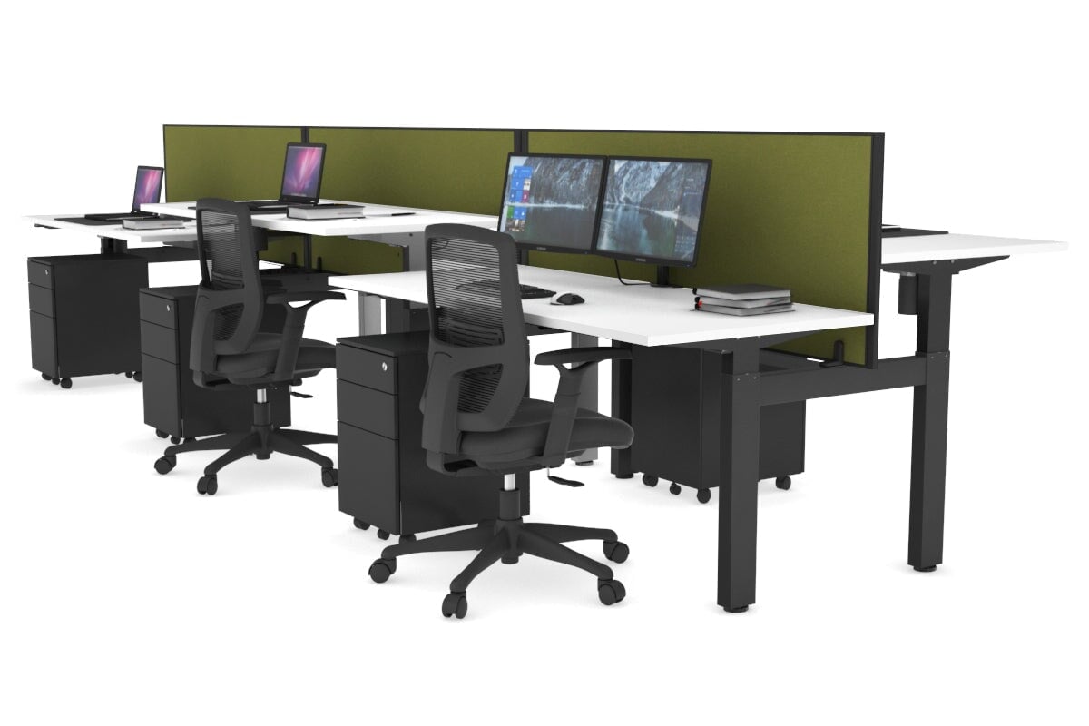 Just Right Height Adjustable 6 Person H-Bench Workstation - Black Frame [1400L x 700W] Jasonl white green moss (820H x 1400W) none