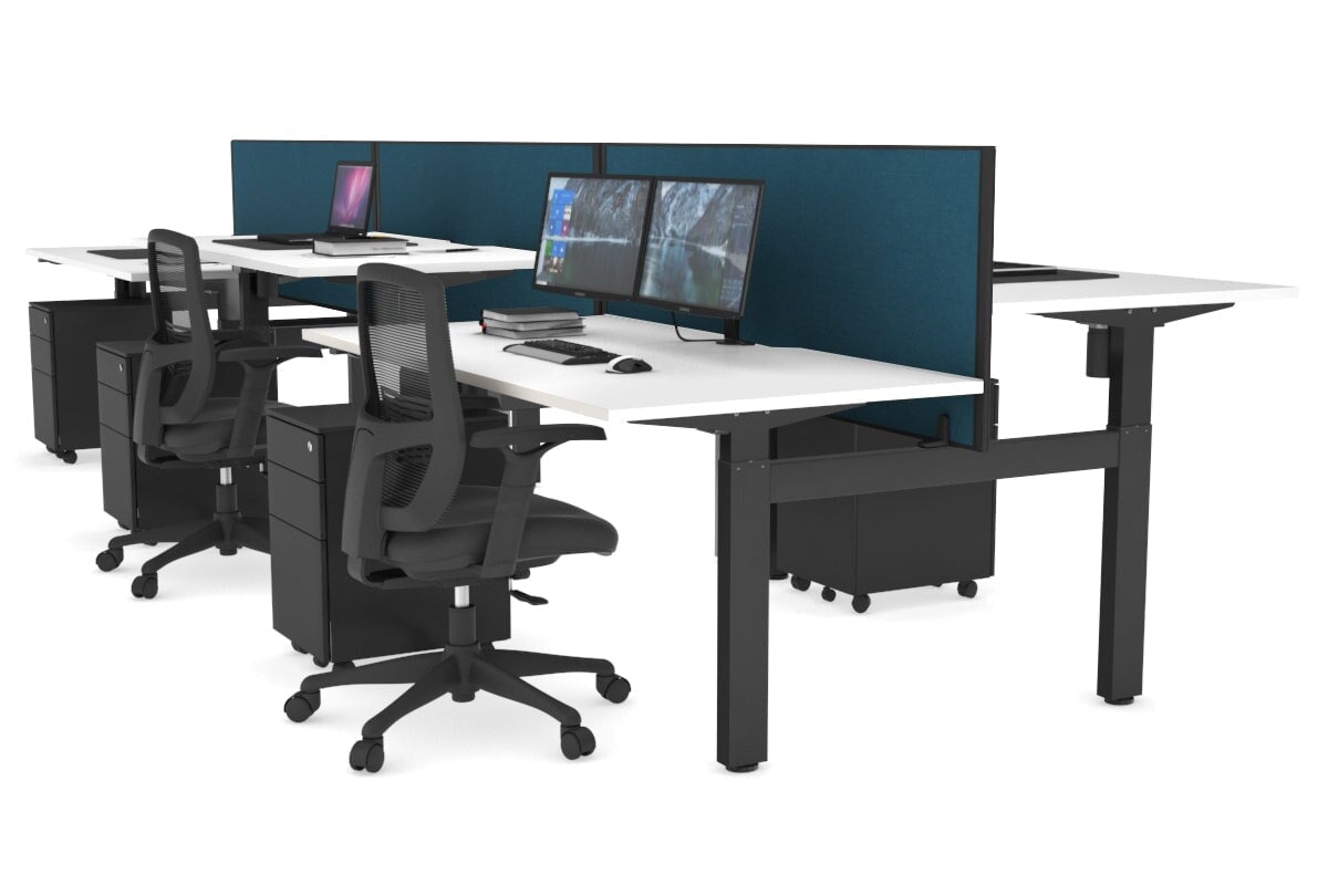 Just Right Height Adjustable 6 Person H-Bench Workstation - Black Frame [1400L x 800W with Cable Scallop] Jasonl white deep blue (820H x 1400W) none
