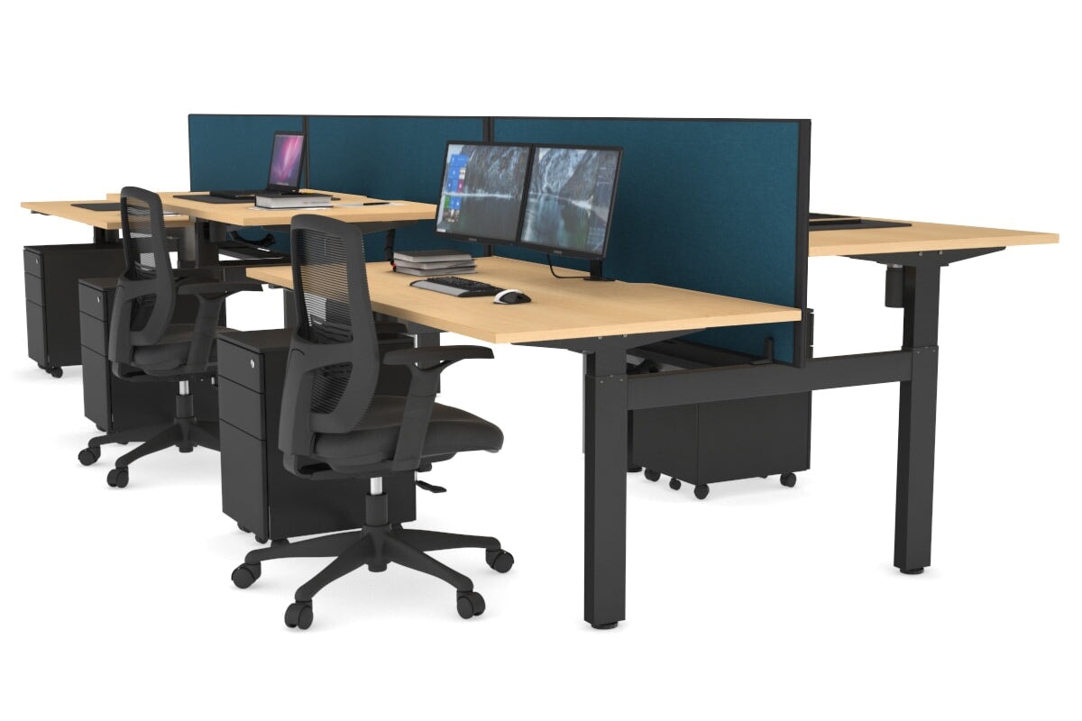 Just Right Height Adjustable 6 Person H-Bench Workstation - Black Frame [1400L x 800W with Cable Scallop] Jasonl maple deep blue (820H x 1400W) black cable tray
