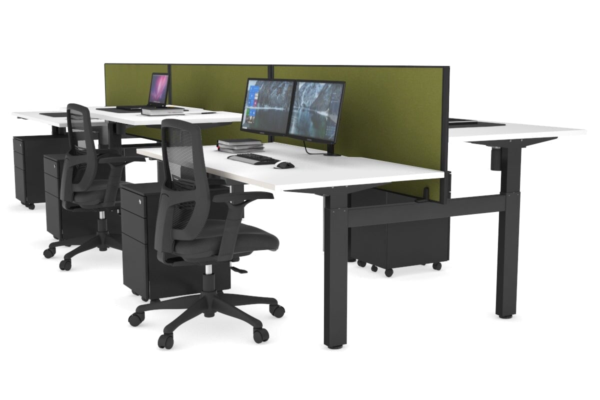 Just Right Height Adjustable 6 Person H-Bench Workstation - Black Frame [1400L x 800W with Cable Scallop] Jasonl white green moss (820H x 1400W) none