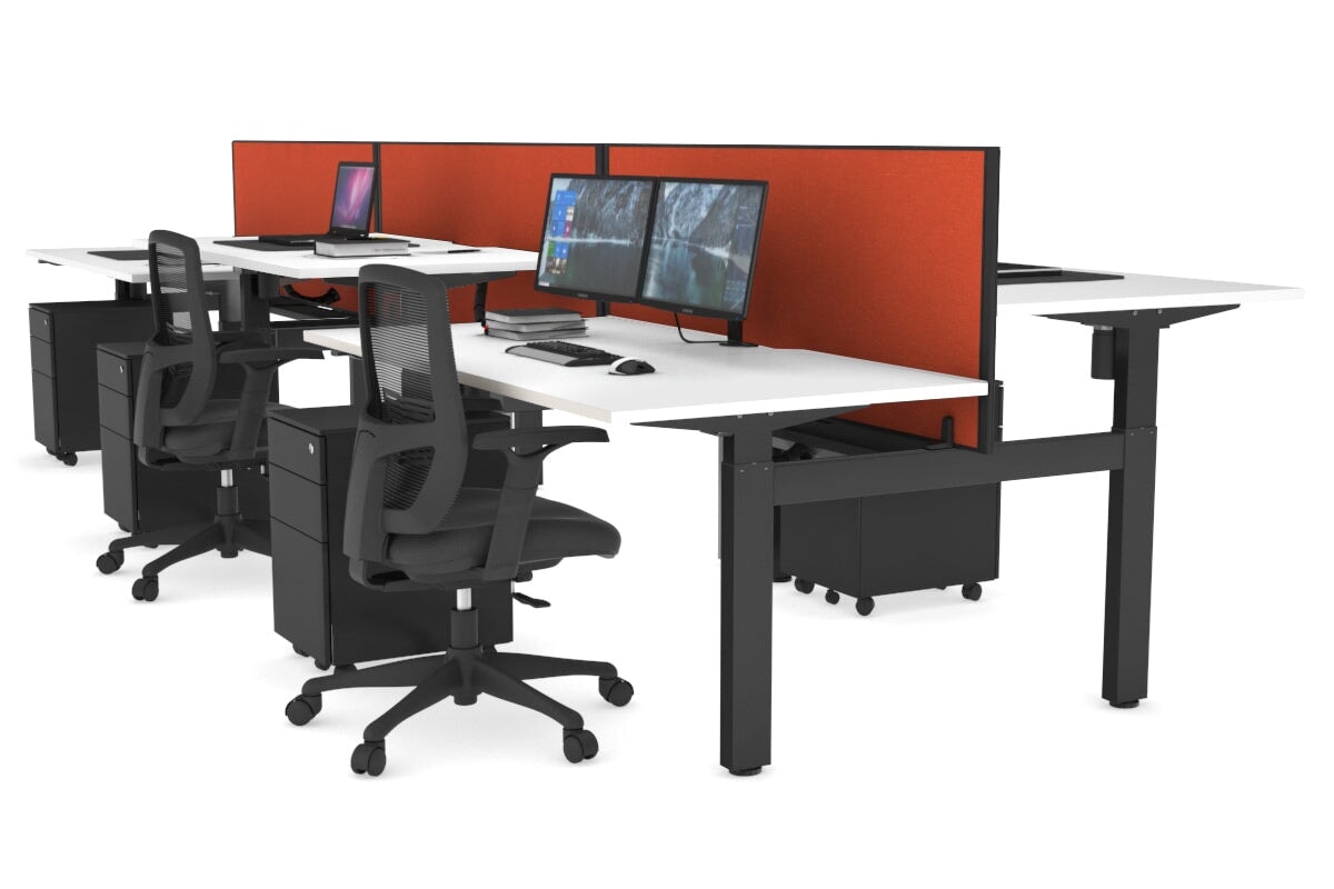 Just Right Height Adjustable 6 Person H-Bench Workstation - Black Frame [1400L x 800W with Cable Scallop]-white squash orange (820H x 1400W) black cable tray