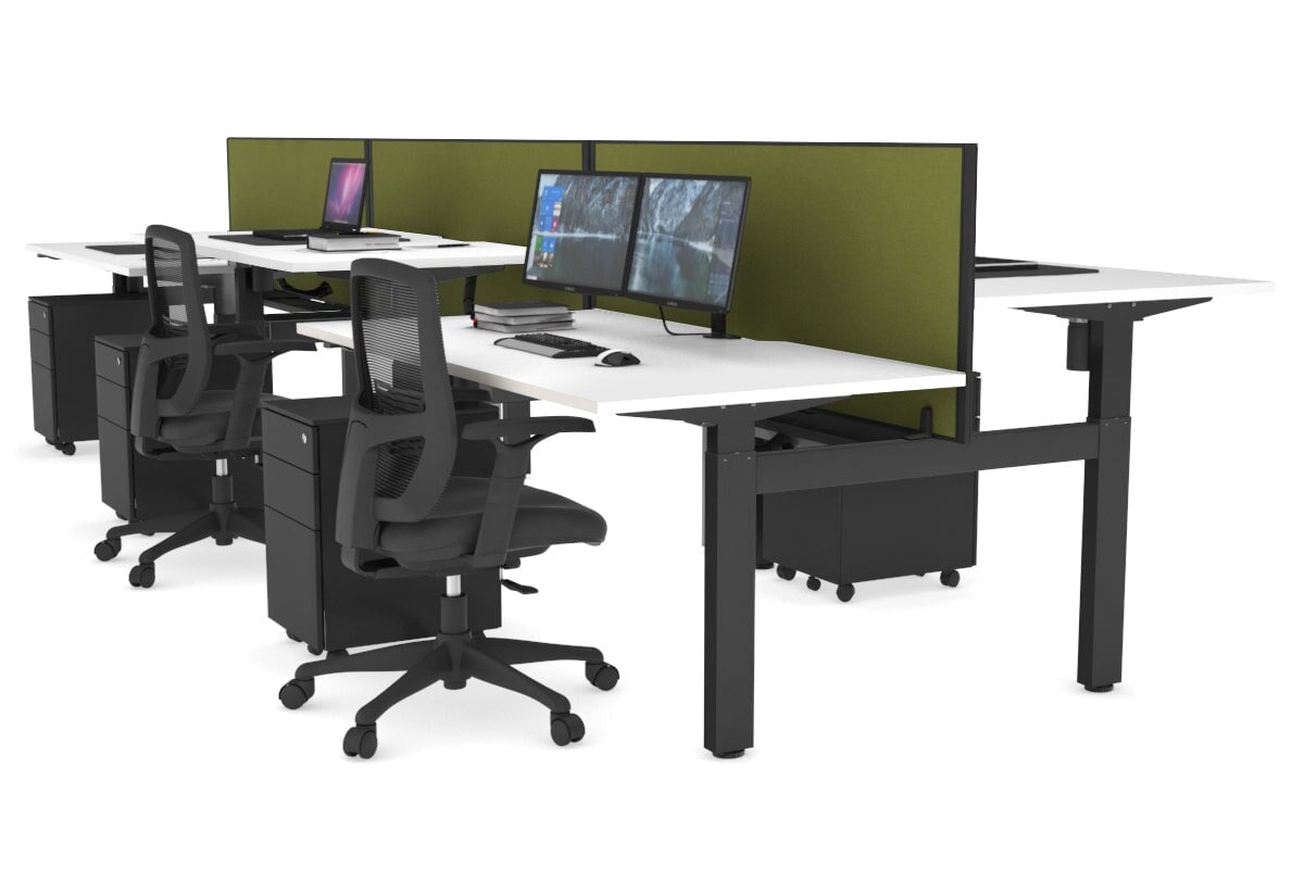 Just Right Height Adjustable 6 Person H-Bench Workstation - Black Frame [1400L x 800W with Cable Scallop] Jasonl white green moss (820H x 1400W) black cable tray