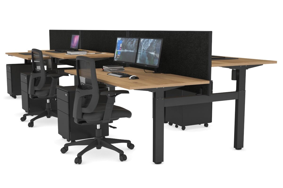 Just Right Height Adjustable 6 Person H-Bench Workstation - Black Frame [1400L x 800W with Cable Scallop]-dark oak moody charcoal (820H x 1400W) black cable tray