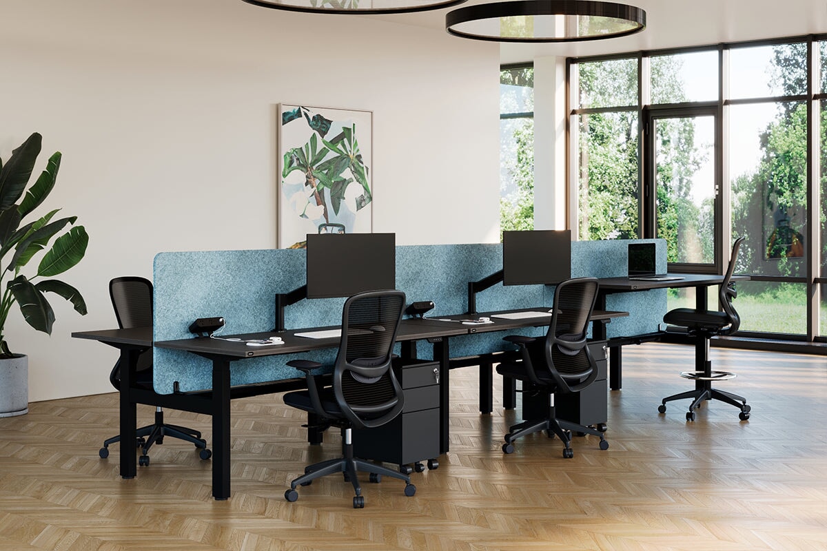 Just Right Height Adjustable 6 Person H-Bench Workstation - Black Frame [1400L x 800W with Cable Scallop]-dark oak moody charcoal (820H x 1400W) black cable tray