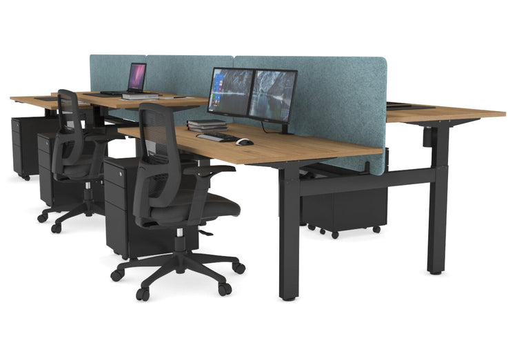 Just Right Height Adjustable 6 Person H-Bench Workstation - Black Frame [1400L x 800W with Cable Scallop] Jasonl salvage oak blue echo panel (820H x 1400W) black cable tray