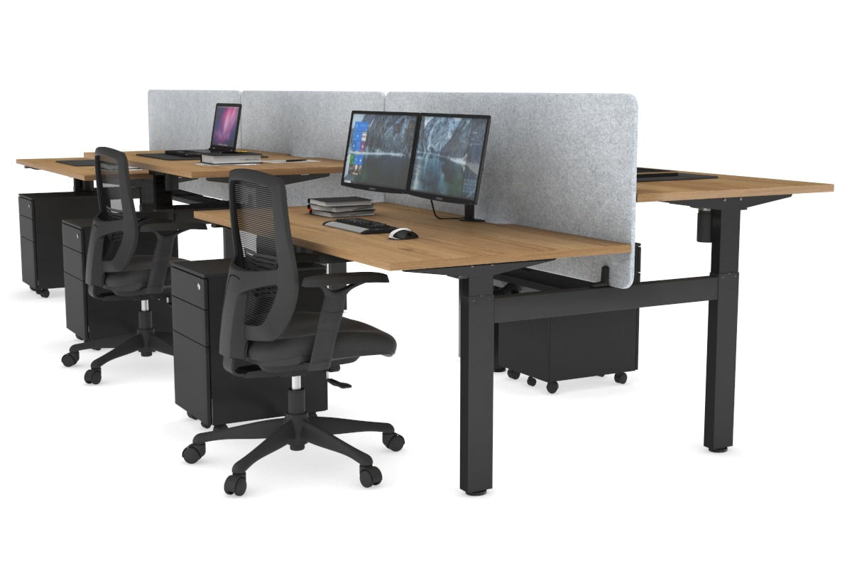 Just Right Height Adjustable 6 Person H-Bench Workstation - Black Frame [1400L x 800W with Cable Scallop] Jasonl salvage oak light grey echo panel (820H x 1400W) black cable tray