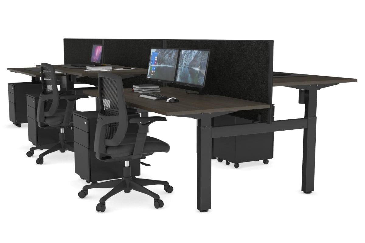 Just Right Height Adjustable 6 Person H-Bench Workstation - Black Frame [1400L x 800W with Cable Scallop]-dark oak moody charcoal (820H x 1400W) black cable tray