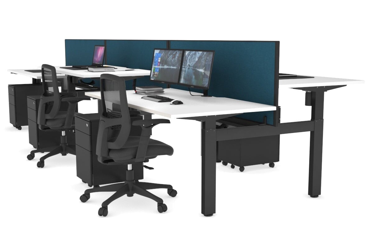 Just Right Height Adjustable 6 Person H-Bench Workstation - Black Frame [1400L x 800W with Cable Scallop] Jasonl white deep blue (820H x 1400W) black cable tray