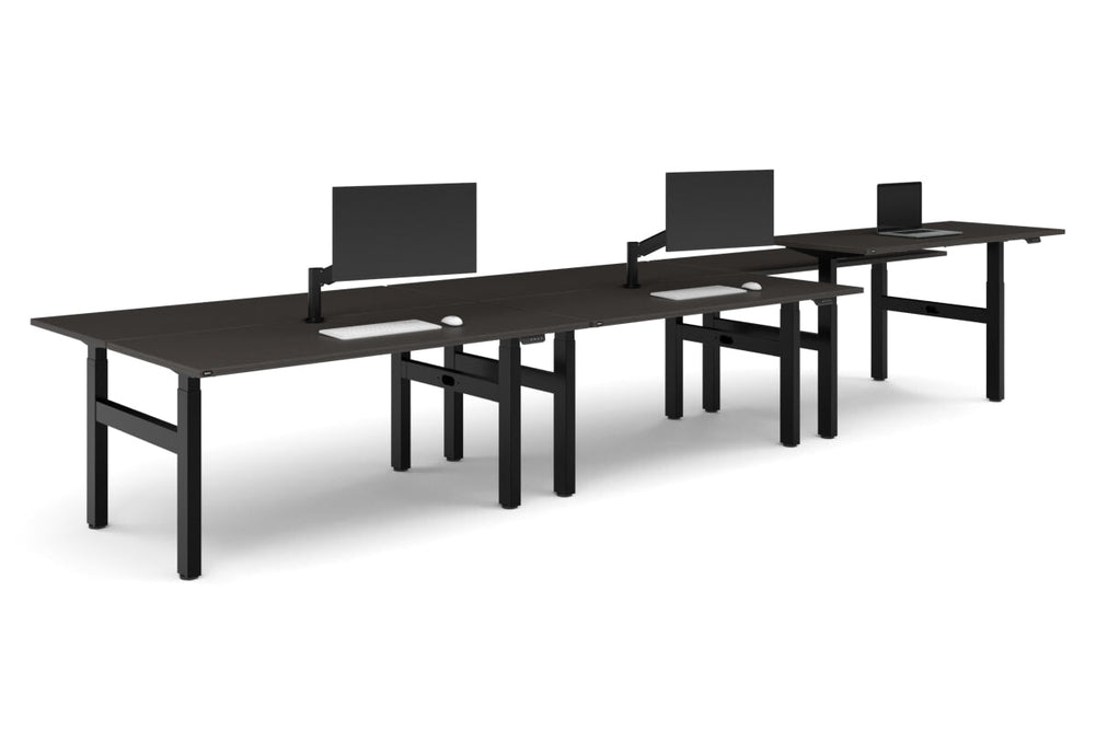 Just Right Height Adjustable 6 Person H-Bench Workstation - Black Frame [1800L x 700W]-dark oak none none