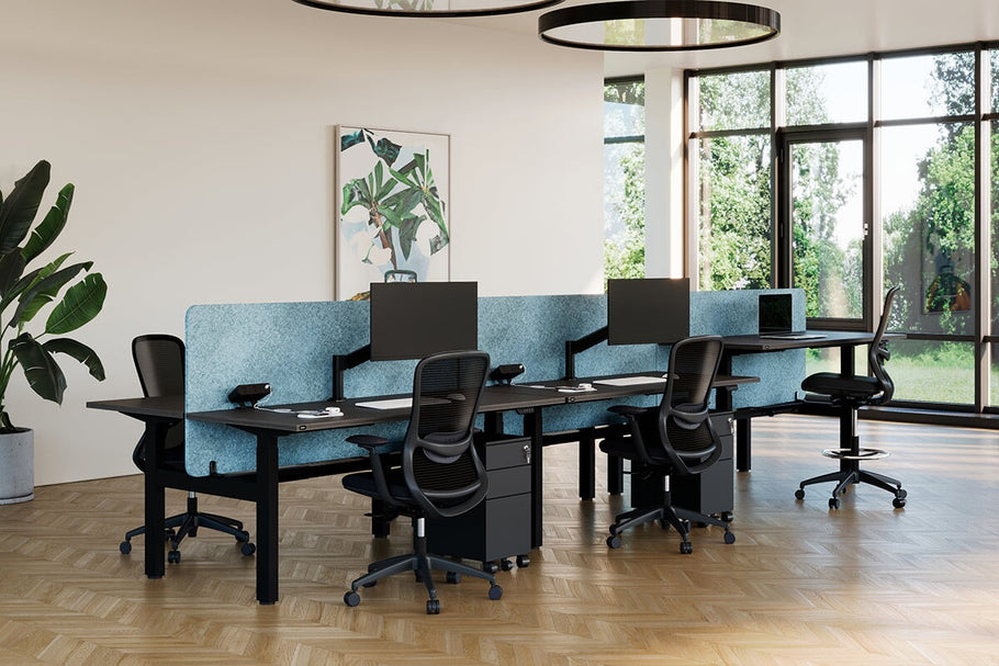 Environmental image of Just Right Height Adjustable 6 Person H-Bench Workstation - White Frame [1400L x 800W with Cable Scallop]
