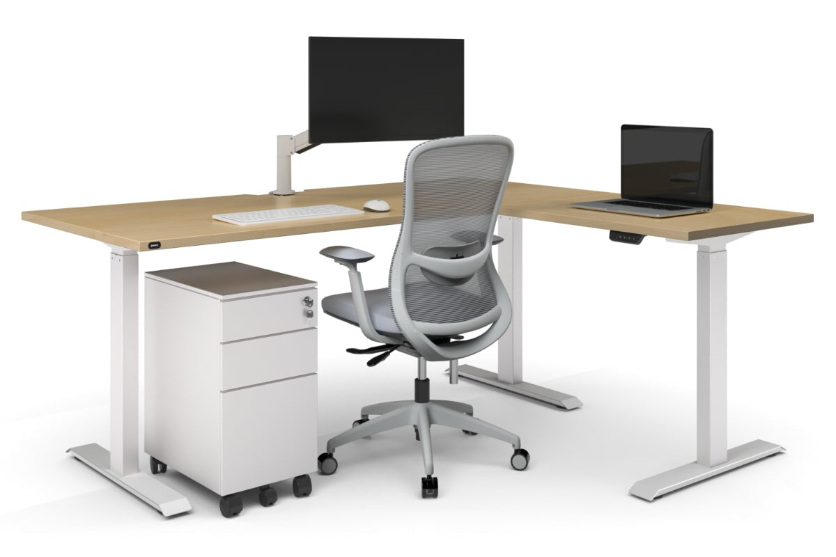 Just Right Height Adjustable Corner Workstation [1400L x 1450W]-black frame dark oak 