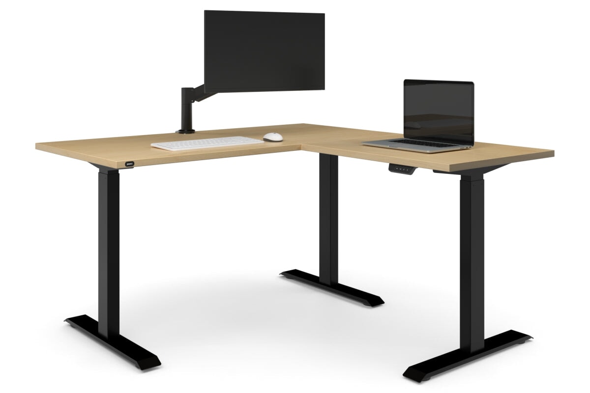 Just Right Height Adjustable Corner Workstation [1400L x 1450W]-black frame maple 
