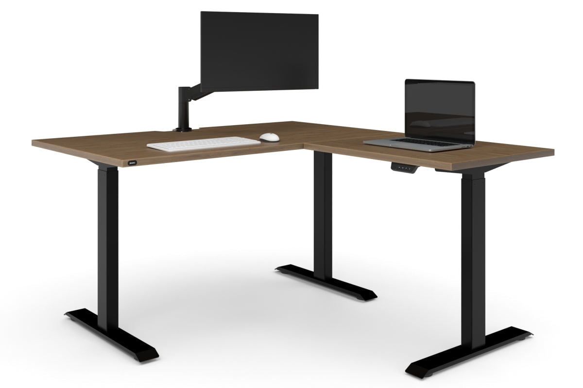 Just Right Height Adjustable Corner Workstation [1400L x 1550W with Cable Scallop]-black frame salvage oak 
