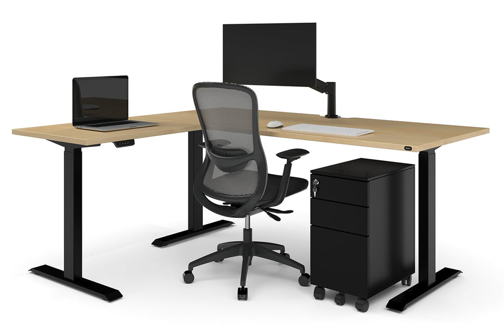Just Right Height Adjustable Corner Workstation [1400L x 1550W with Cable Scallop]-black frame dark oak 