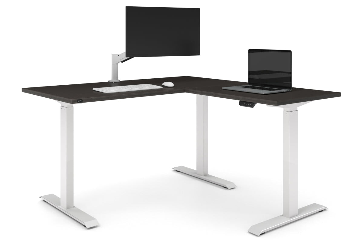 Just Right Height Adjustable Corner Workstation [1400L x 1700W]-white frame dark oak 