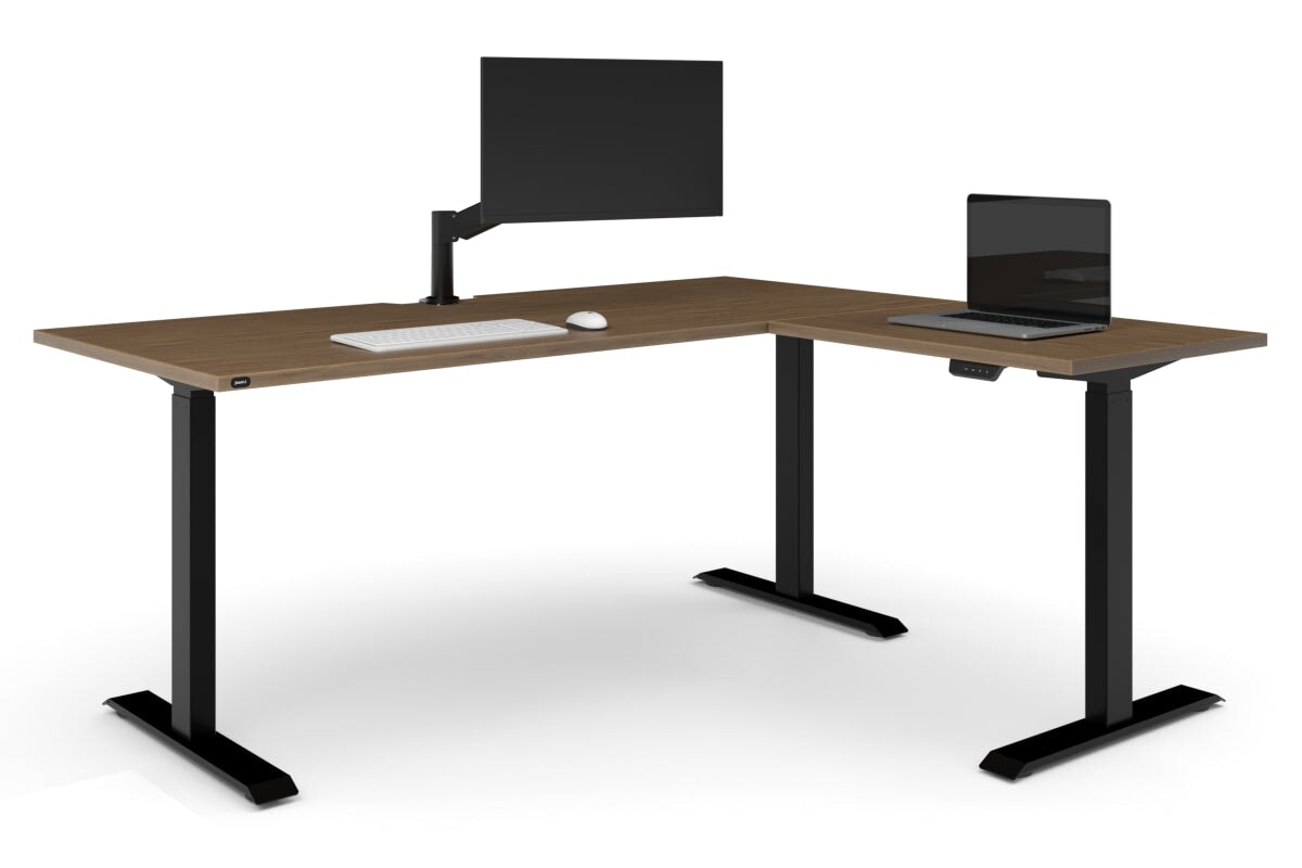 Just Right Height Adjustable Corner Workstation [1600L x 1800W with Cable Scallop]-black frame salvage oak 