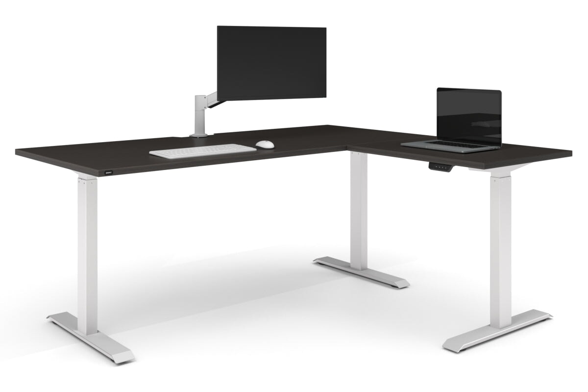 Just Right Height Adjustable Corner Workstation [1600L x 1800W with Cable Scallop]-white frame dark oak 