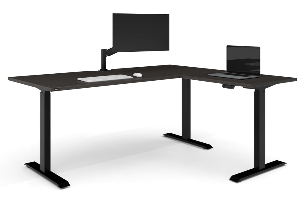 Just Right Height Adjustable Corner Workstation [1800L x 1800W with Cable Scallop]-black frame dark oak 