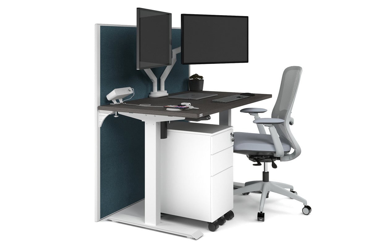 Just Right Height Adjustable Desk [1200L x 700W] Jasonl white leg dark oak deep blue (1200H x 1200W)