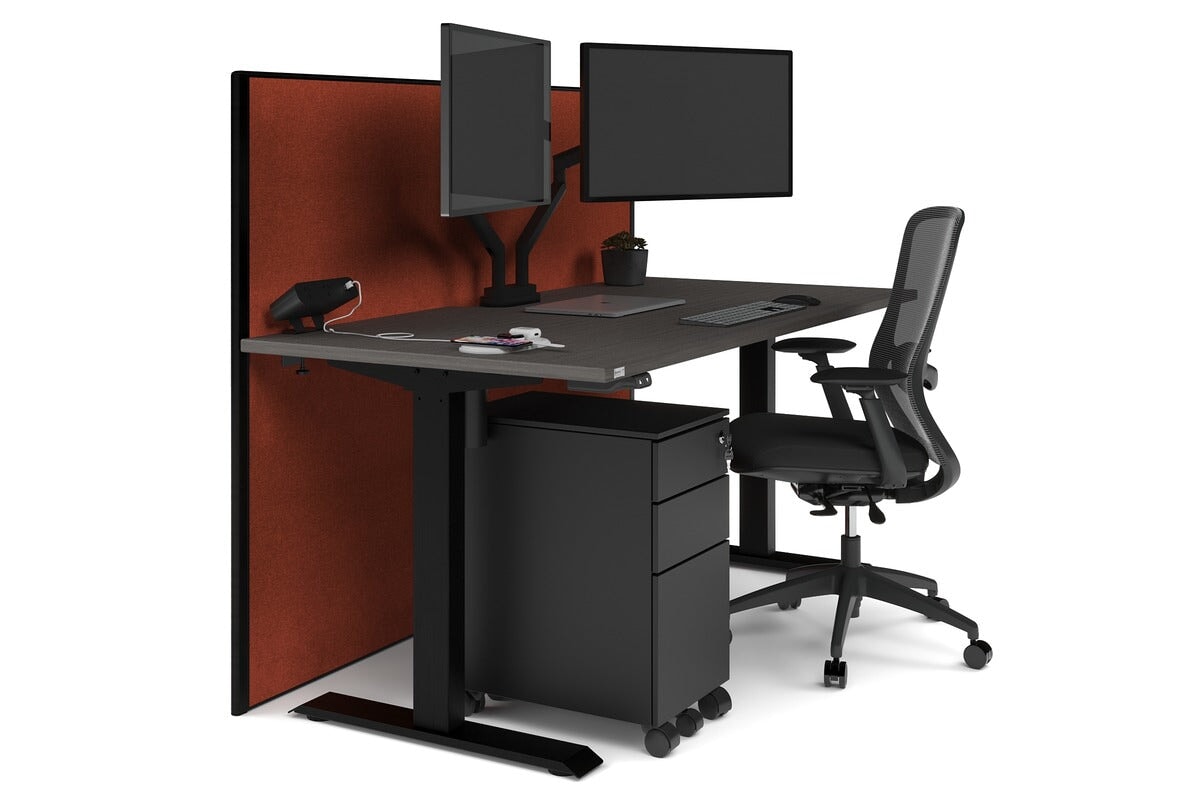 Just Right Height Adjustable Desk [1200L x 800W with Cable Scallop] Jasonl black leg dark oak orange squash (1200H x 1200W)