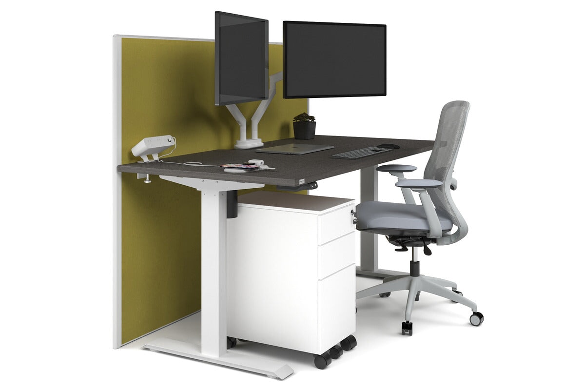 Just Right Height Adjustable Desk [1200L x 800W with Cable Scallop] Jasonl white leg dark oak mustard yellow (1200H x 1200W)