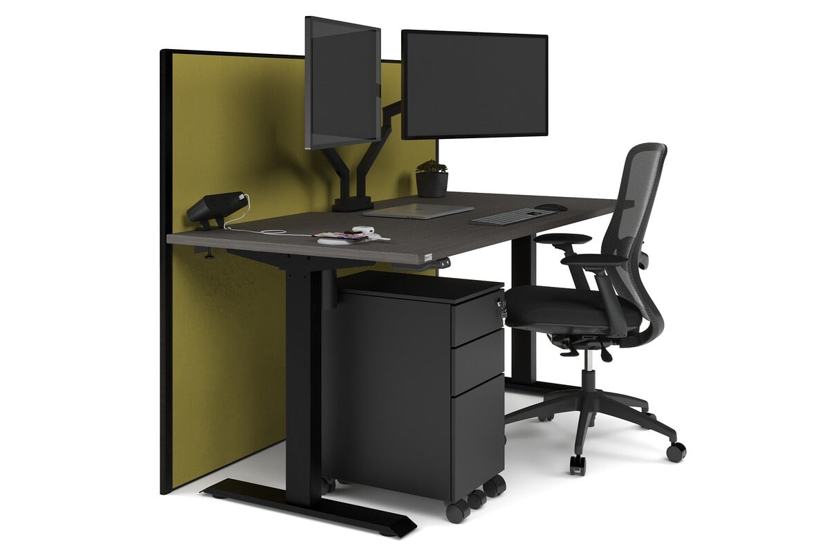 Just Right Height Adjustable Desk [1200L x 800W with Cable Scallop] Jasonl black leg dark oak mustard yellow (1200H x 1200W)