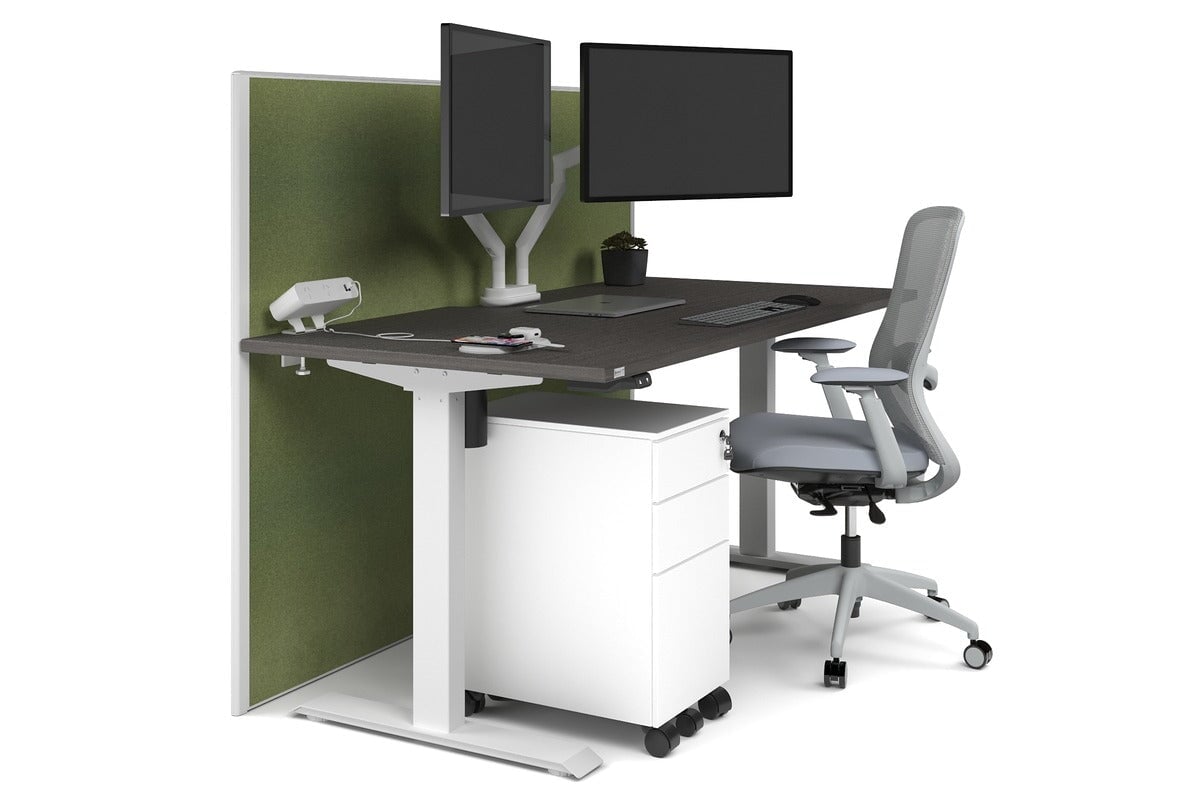 Just Right Height Adjustable Desk [1200L x 800W with Cable Scallop] Jasonl white leg dark oak green moss (1200H x 1200W)