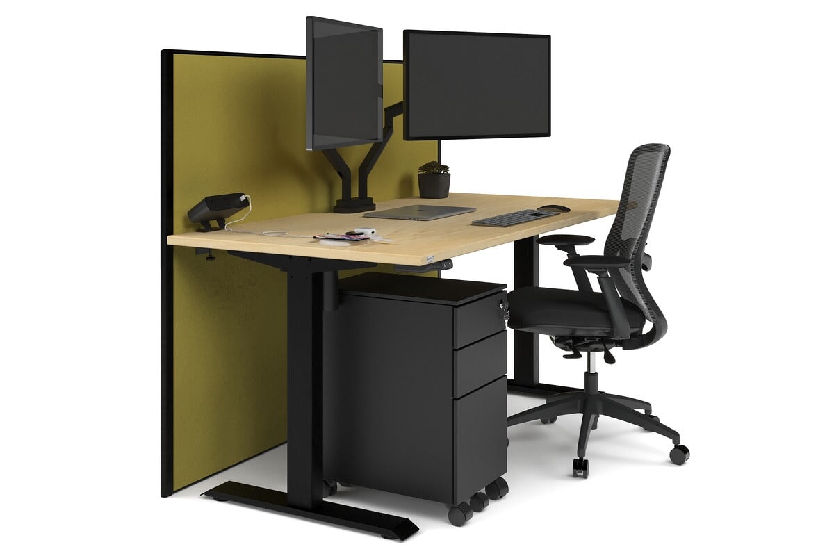 Just Right Height Adjustable Desk [1200L x 800W with Cable Scallop] Jasonl black leg maple mustard yellow (1200H x 1200W)