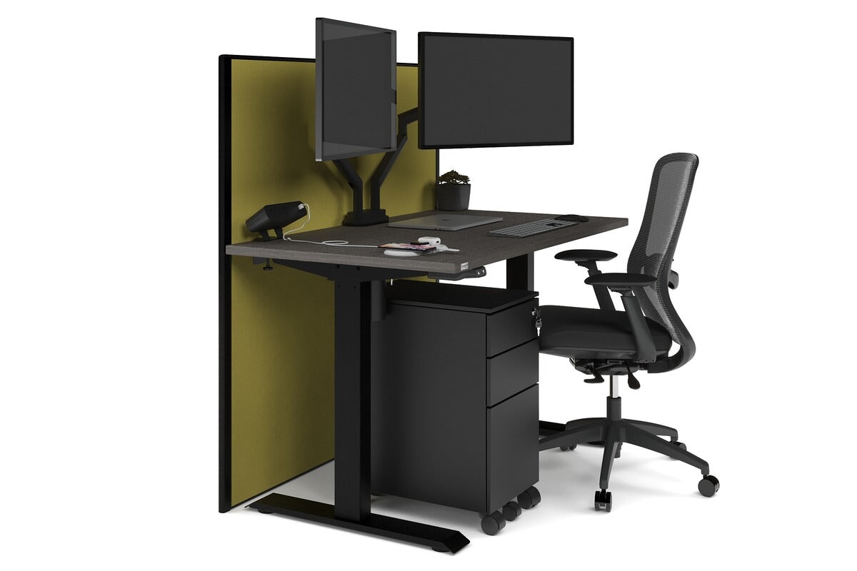 Just Right Height Adjustable Desk [1400L x 700W] Jasonl black leg dark oak mustard yellow (1200H x 1400W)