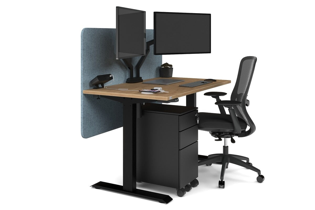 Just Right Height Adjustable Desk [1400L x 700W] Jasonl black leg salvage oak blue echo panel (820H x 1400W)