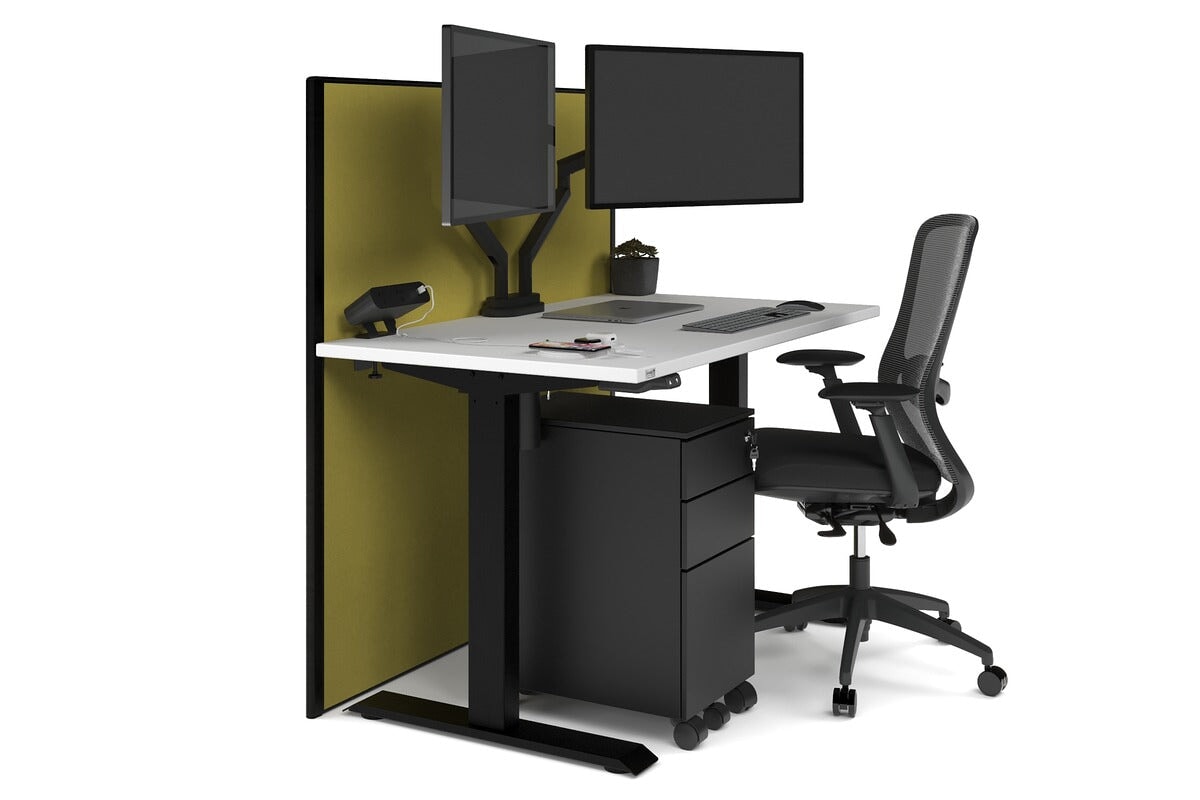 Just Right Height Adjustable Desk [1400L x 700W] Jasonl black leg white mustard yellow (1200H x 1400W)