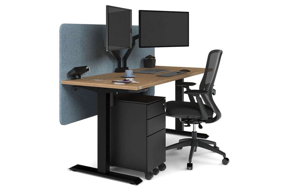 Just Right Height Adjustable Desk [1600L x 700W] Jasonl black leg salvage oak blue echo panel (820H x 1600W)