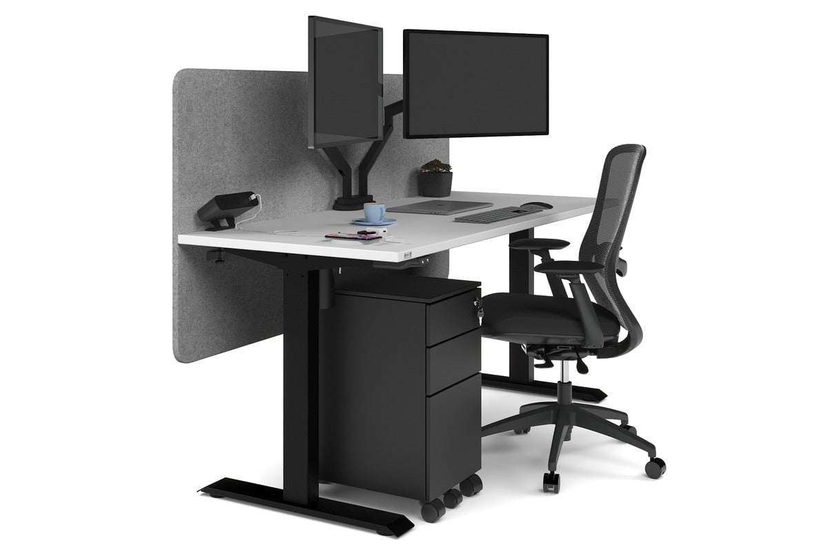 Just Right Height Adjustable Desk [1600L x 700W] Jasonl black leg white light grey echo panel (820H x 1600W)