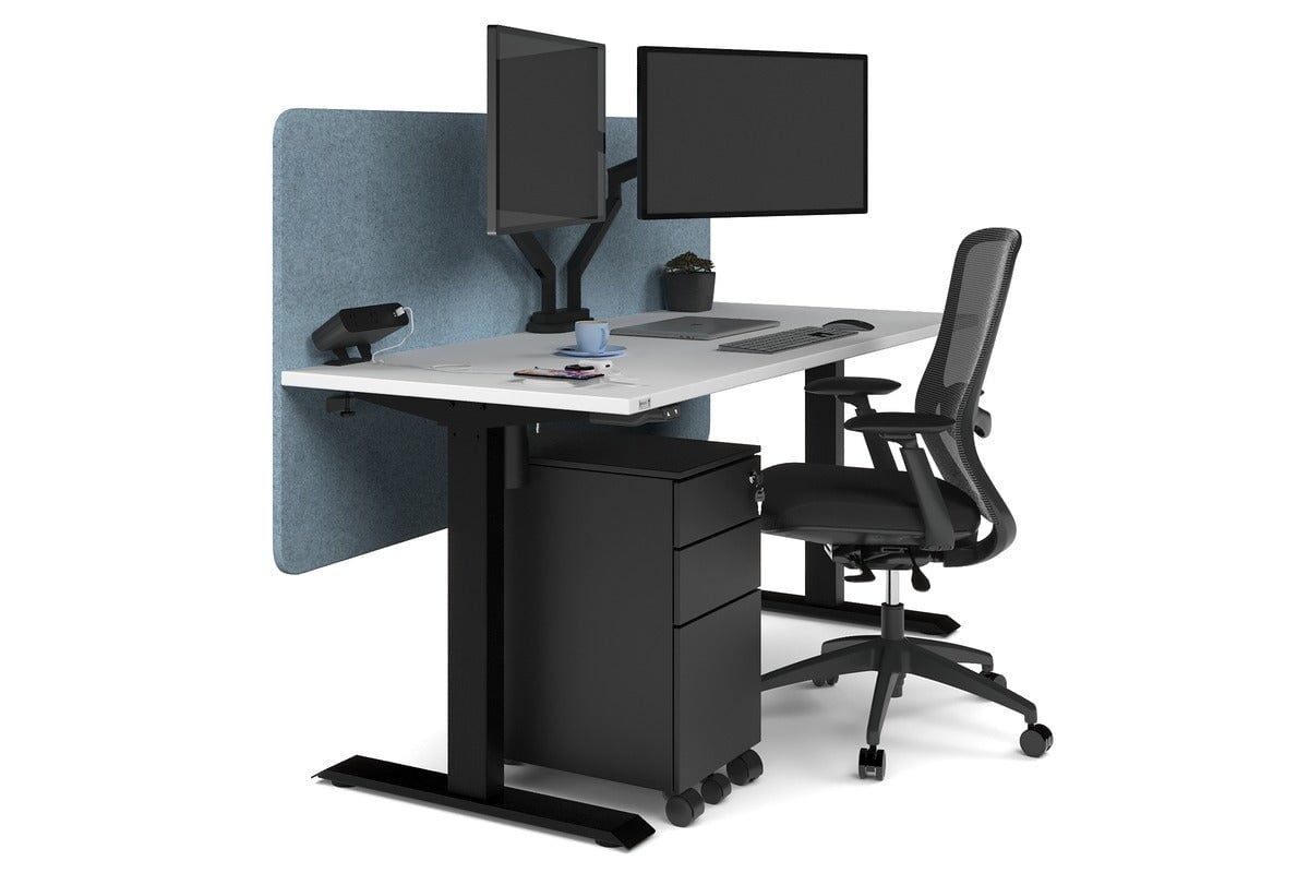 Just Right Height Adjustable Desk [1600L x 700W] Jasonl black leg white blue echo panel (820H x 1600W)