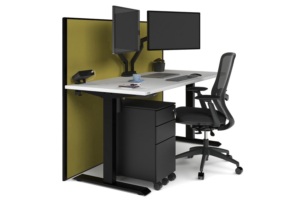 Just Right Height Adjustable Desk [1600L x 700W] Jasonl black leg white mustard yellow (1200H x 1600W)