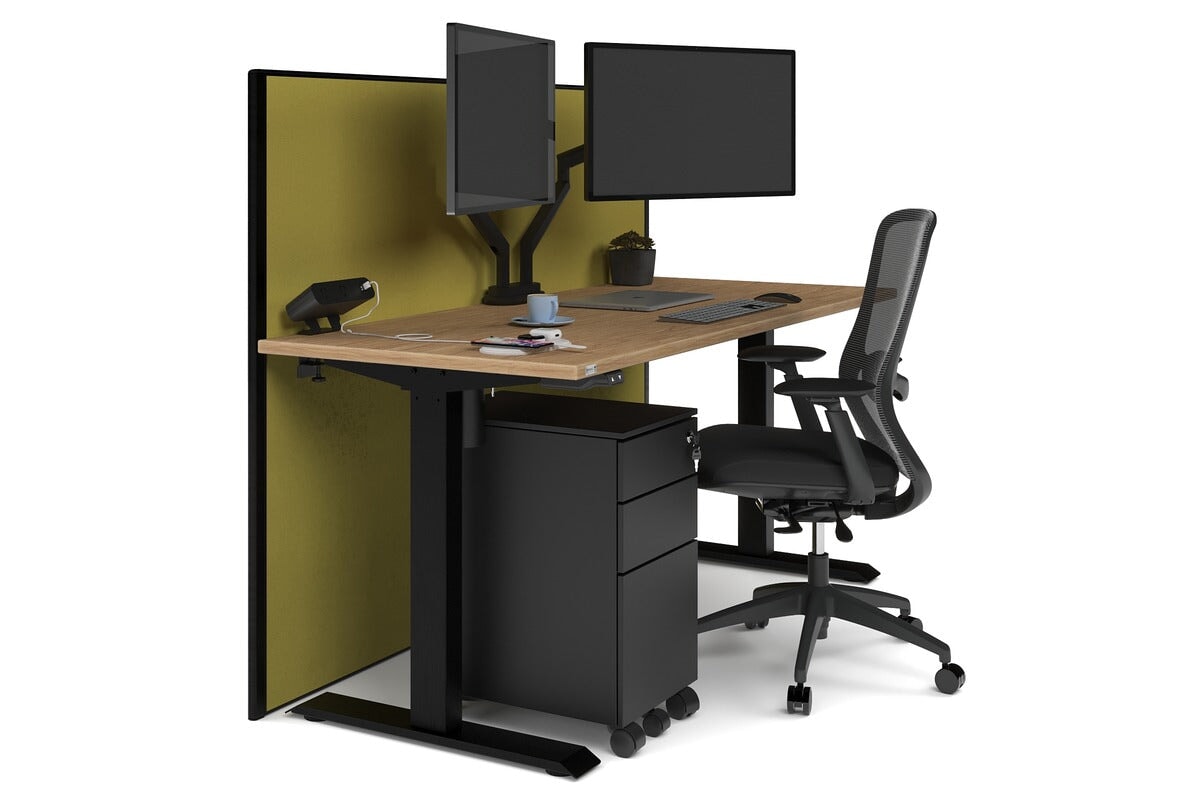 Just Right Height Adjustable Desk [1600L x 700W] Jasonl black leg salvage oak mustard yellow (1200H x 1600W)