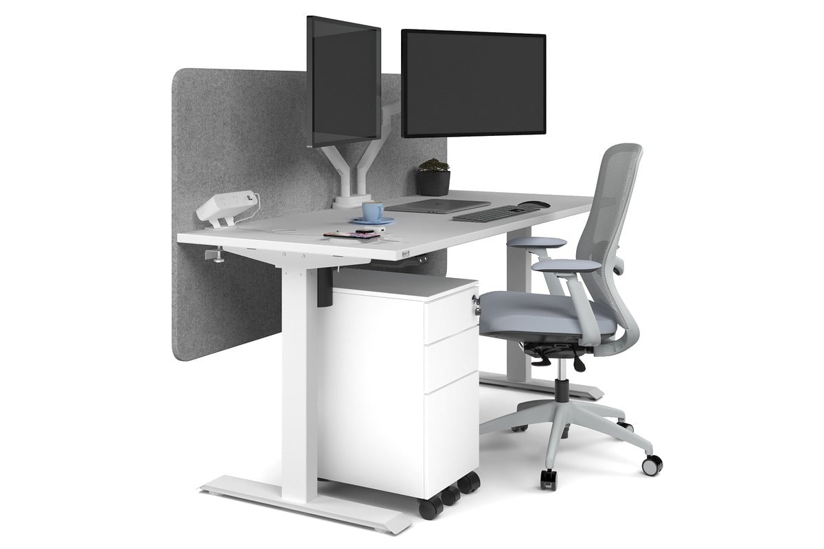 Just Right Height Adjustable Desk [1600L x 700W] Jasonl white leg white light grey echo panel (820H x 1600W)
