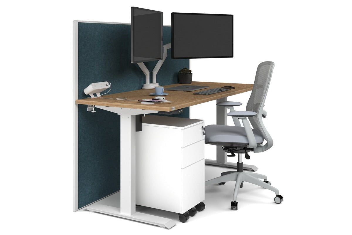 Just Right Height Adjustable Desk [1600L x 700W] Jasonl white leg salvage oak deep blue (1200H x 1600W)