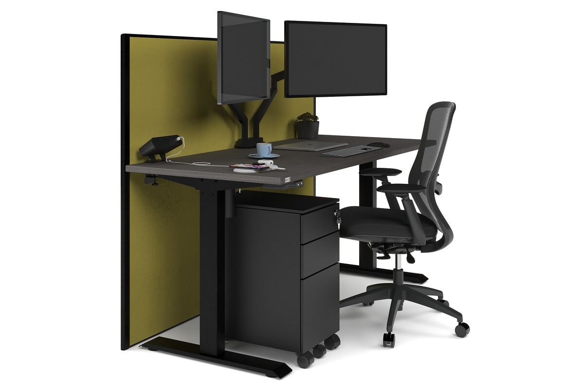 Just Right Height Adjustable Desk [1600L x 700W] Jasonl black leg dark oak mustard yellow (1200H x 1600W)