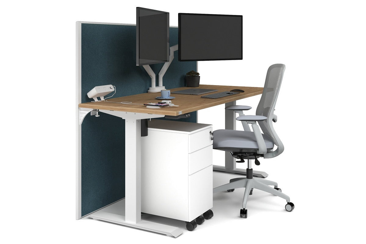 Just Right Height Adjustable Desk [1600L x 700W] Jasonl white leg salvage oak deep blue (1200H x 1600W)