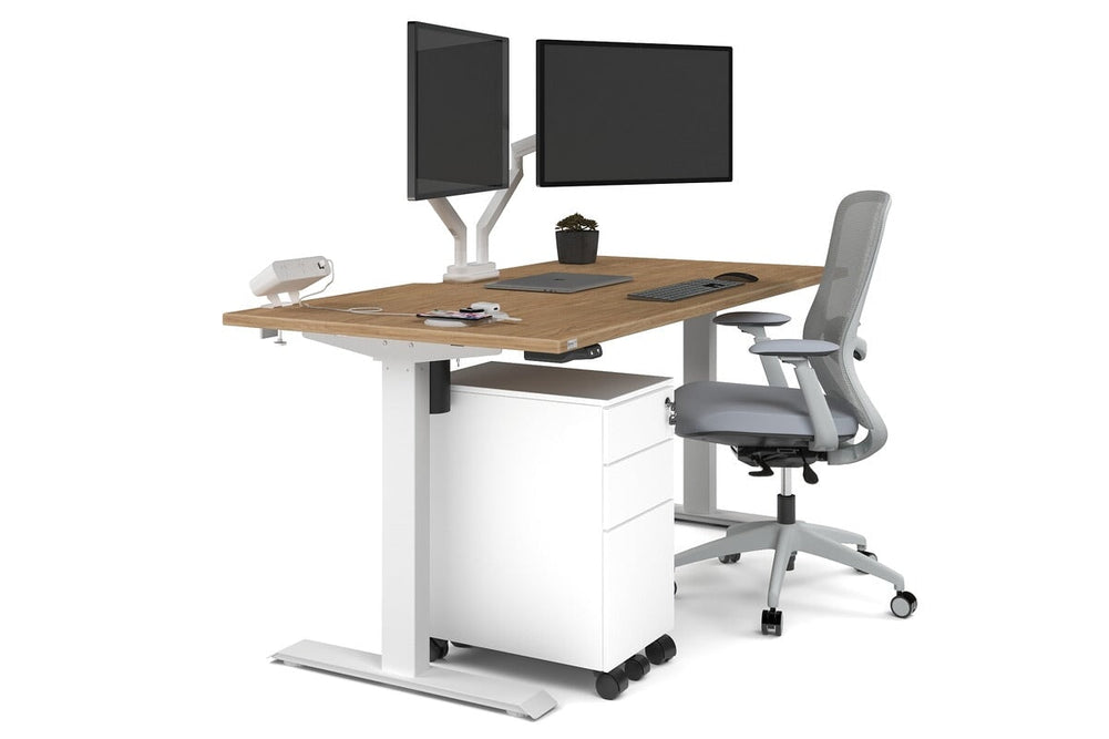 Just Right Height Adjustable Desk [1600L x 800W with Cable Scallop]-white leg salvage oak none