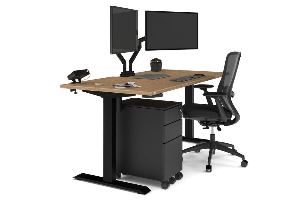 Just Right Height Adjustable Desk [1600L x 800W with Cable Scallop]-black leg salvage oak none