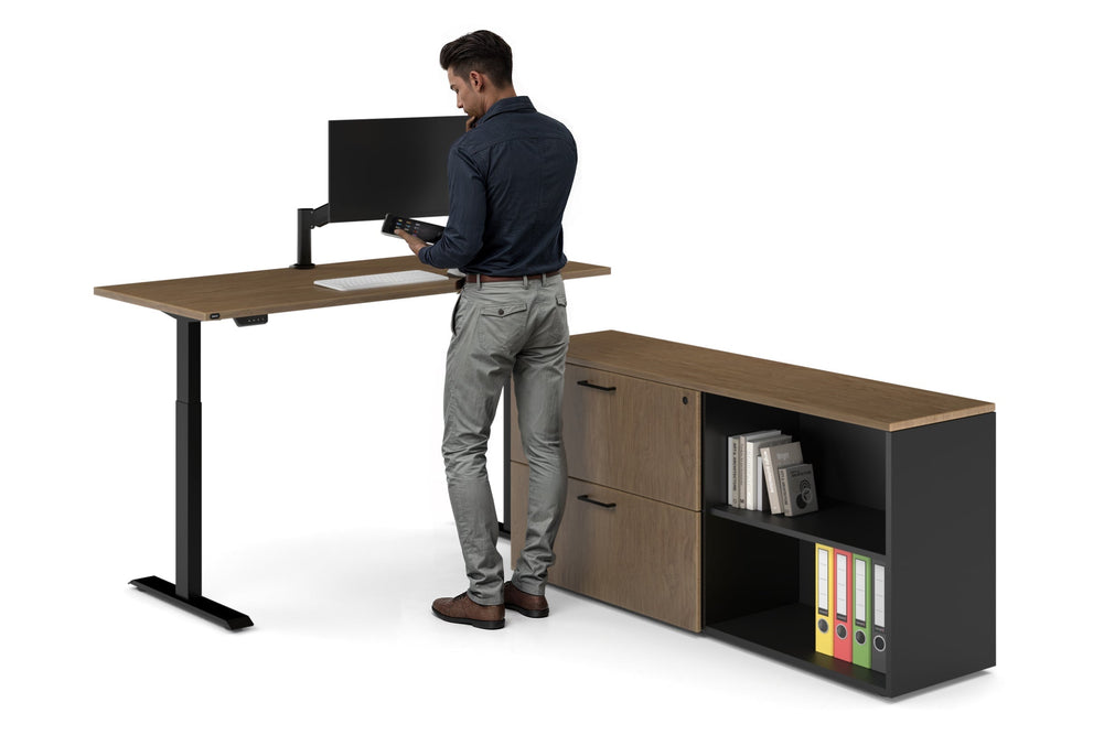 Just Right Height Adjustable Desk Executive Setting [1600L x 700W]-black frame dark oak 4 drawer lateral filing cabinet