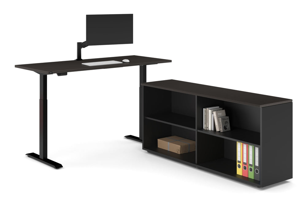 Just Right Height Adjustable Desk Executive Setting [1600L x 700W]-black frame dark oak open bookcase