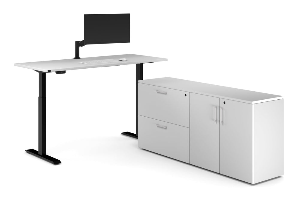 Just Right Height Adjustable Desk Executive Setting [1600L x 700W]-black frame white 2 drawer 2 door filing cabinet