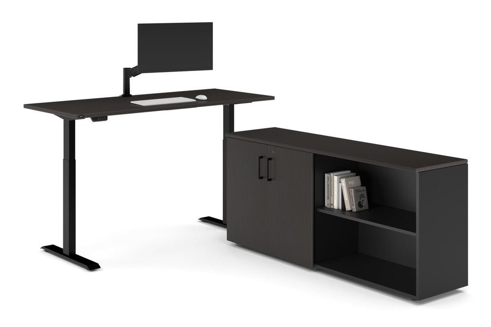 Just Right Height Adjustable Desk Executive Setting [1600L x 700W]-black frame dark oak 2 door open storage cabinet