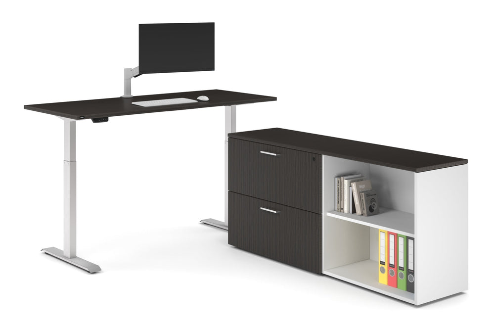 Just Right Height Adjustable Desk Executive Setting [1600L x 700W]-white frame dark oak 2 drawer open filing cabinet