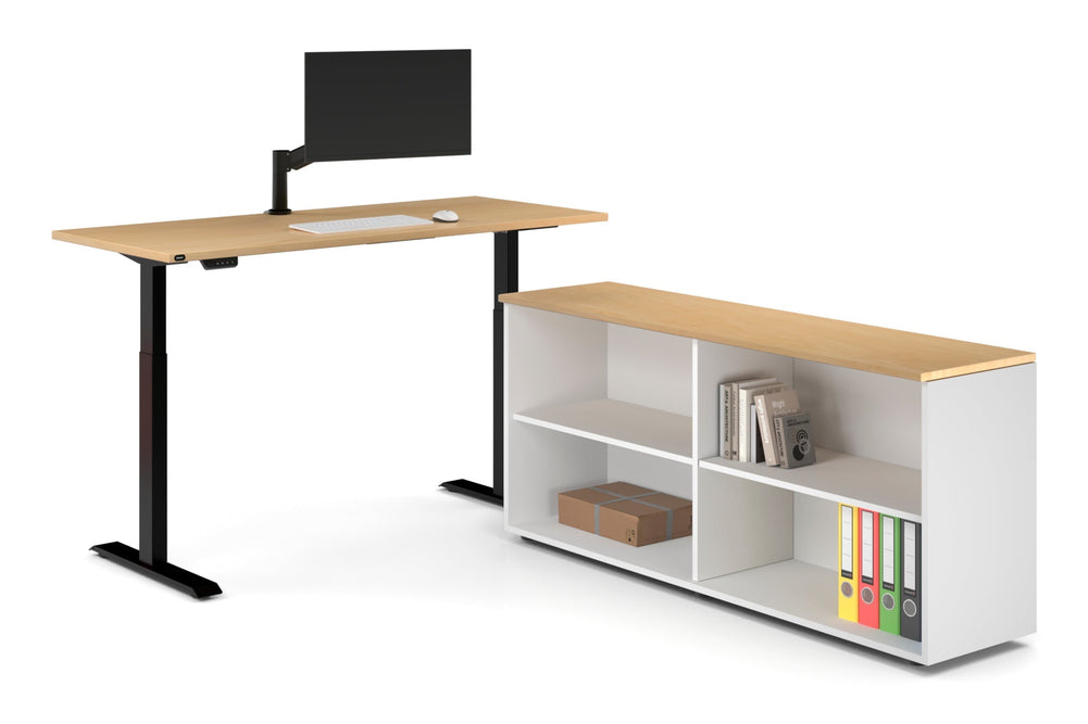 Just Right Height Adjustable Desk Executive Setting [1600L x 700W]-black frame maple open bookcase