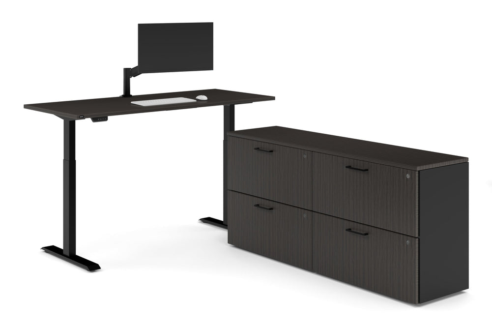 Just Right Height Adjustable Desk Executive Setting [1600L x 700W]-black frame dark oak 4 drawer lateral filing cabinet