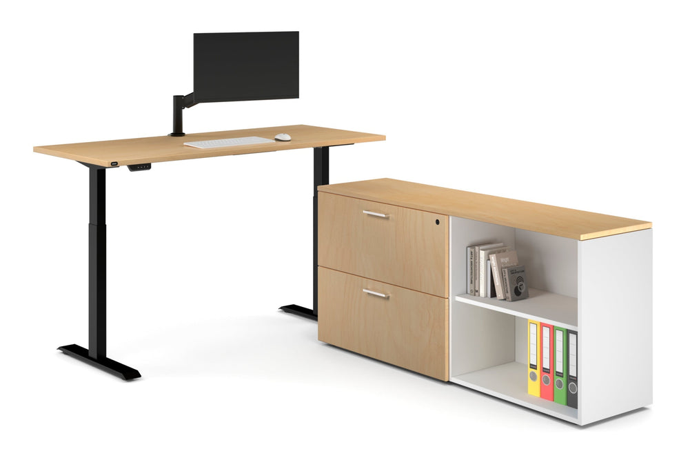 Just Right Height Adjustable Desk Executive Setting [1600L x 700W]-black frame maple 2 drawer open filing cabinet